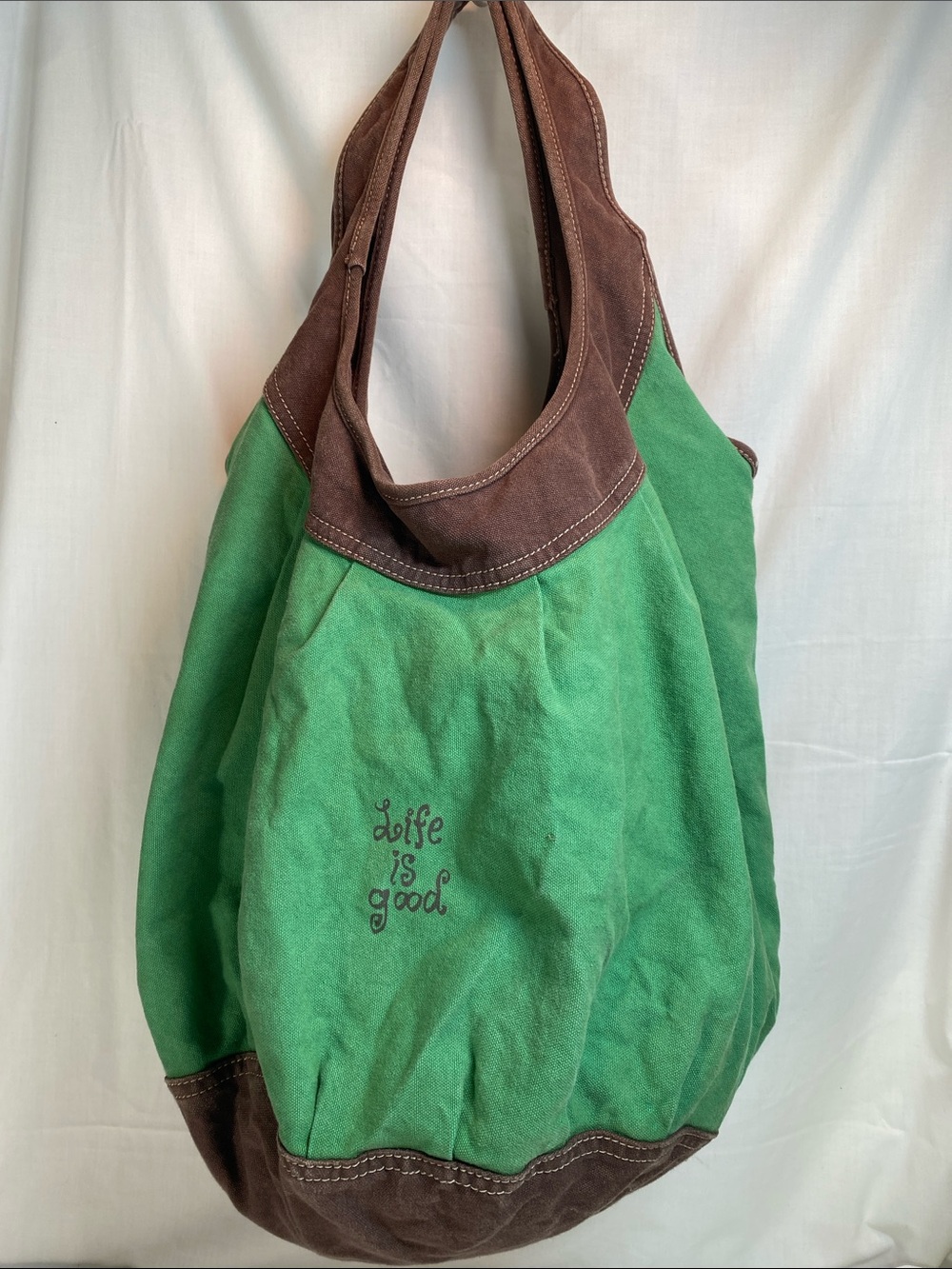 Life Is Good Green Canvas Shoulder Bag with Brown Trim